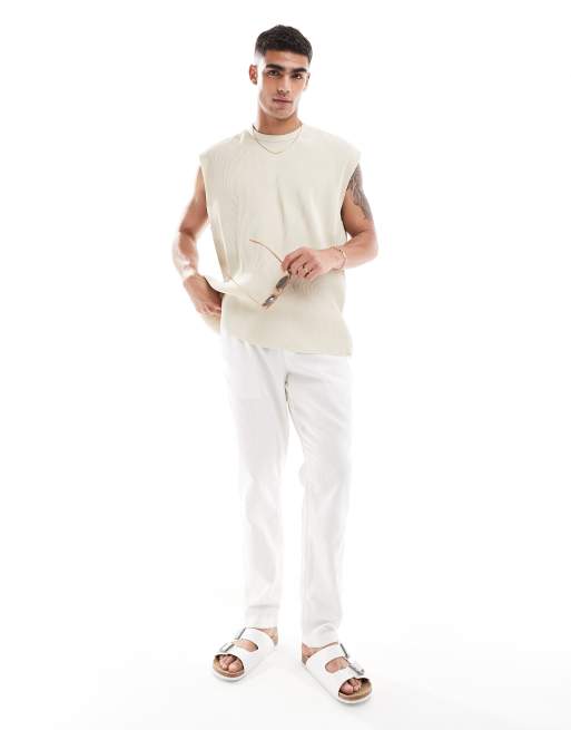 ASOS DESIGN - Pantaloni slim in lino bianchi con elastico in vita