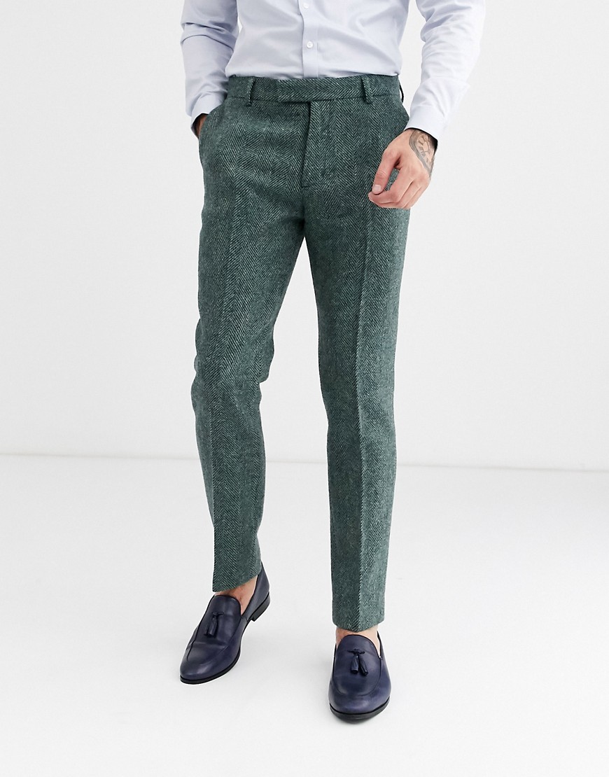 ASOS DESIGN - Pantaloni slim verdi eleganti 100% harris tweed di lana con motivo a spina di pesce-Verde