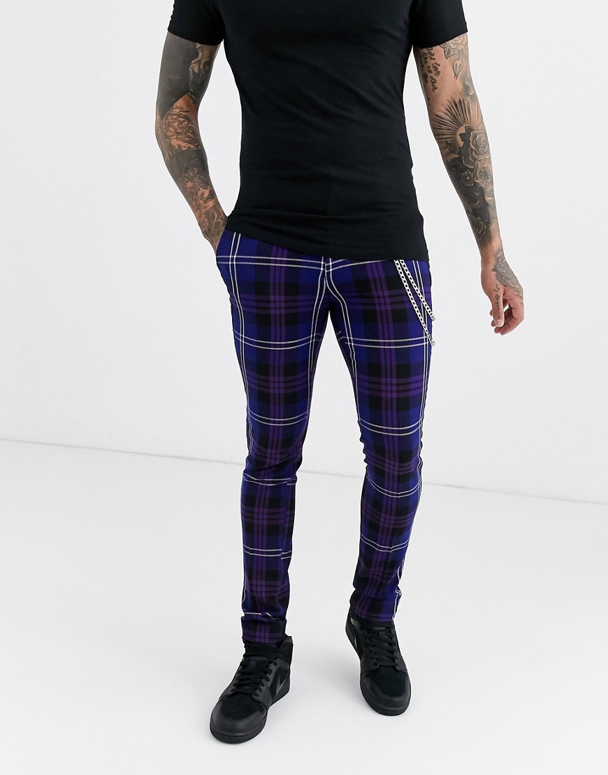 ASOS DESIGN - Pantaloni super skinny eleganti blu a quadri con catena