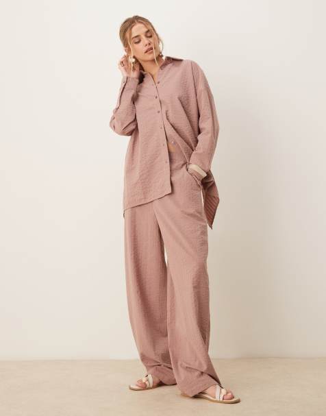 ASOS DESIGN - Pantaloni taglio comodo in seersucker color visone in coordinato - view 1