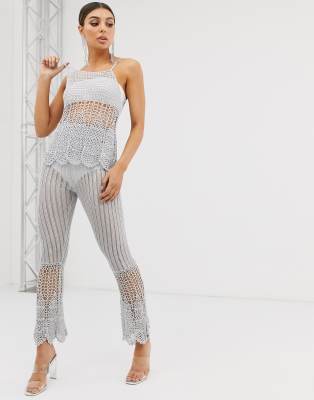 ASOS DESIGN - Pantaloni vita alta a zampa all'uncinetto in filato metallico in coordinato