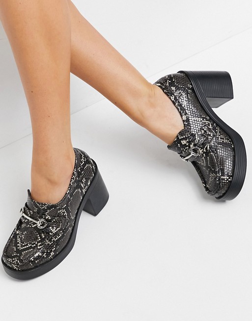 ASOS DESIGN Panther chunky high heeled loafer in grey snake