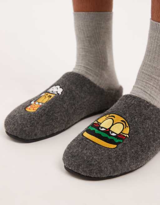 ASOS DESIGN - Pantoffelmuiltjes met grafisch borduursel in grijs vilt, 2 van 4