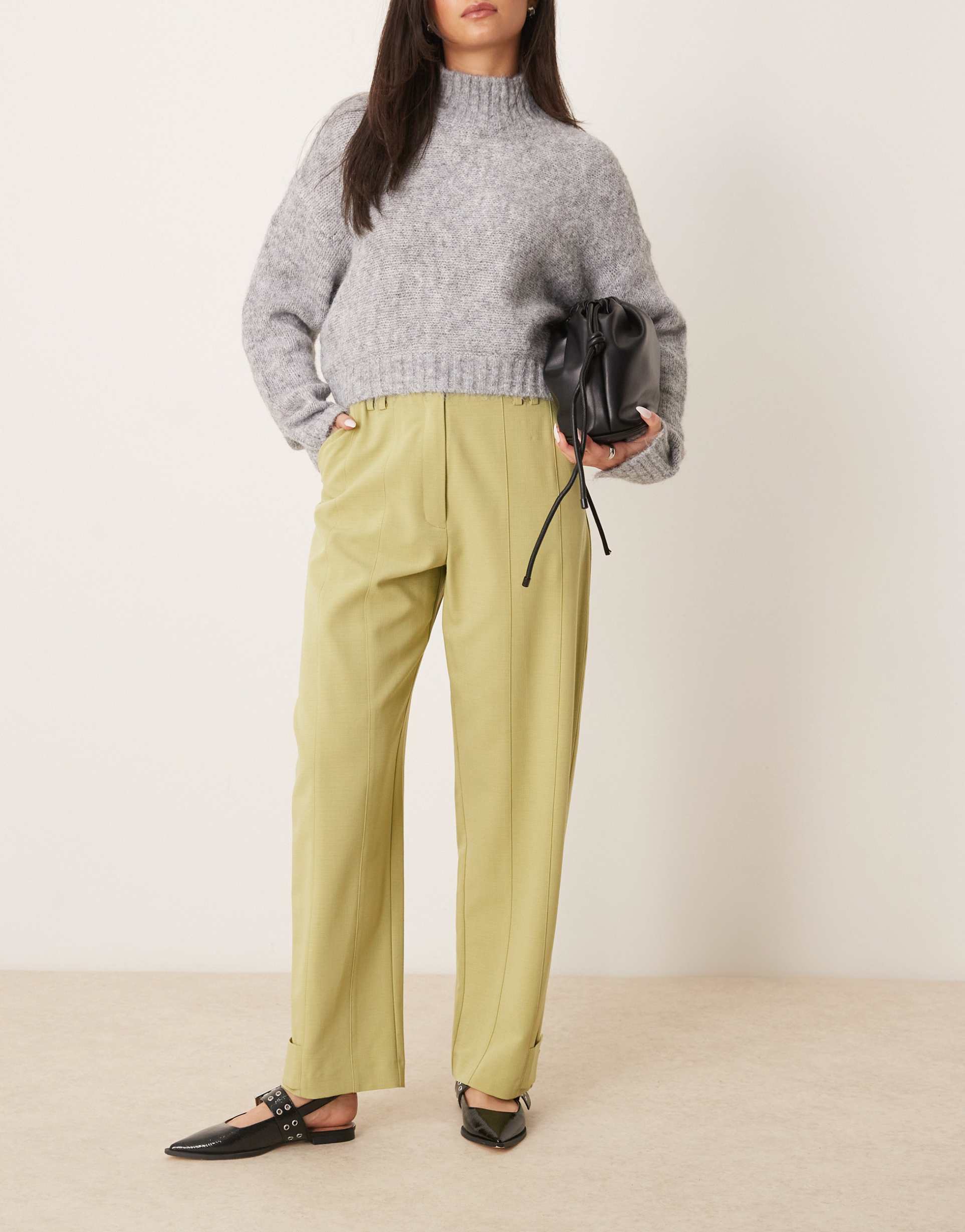 asos design pants with tab hem and pocket flap detail in light olive
