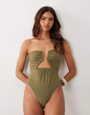 Asos Design Paper Touch Asymmetric Cut Out Swimsuit In Green