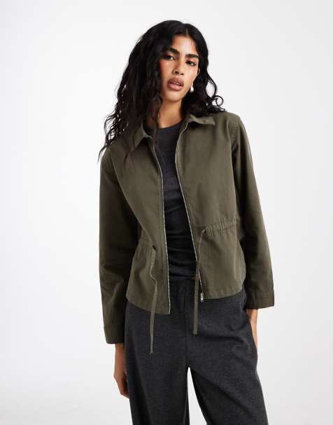 ASOS DESIGN paper touch collared jacket with waisted bubble hem in khaki - view 1