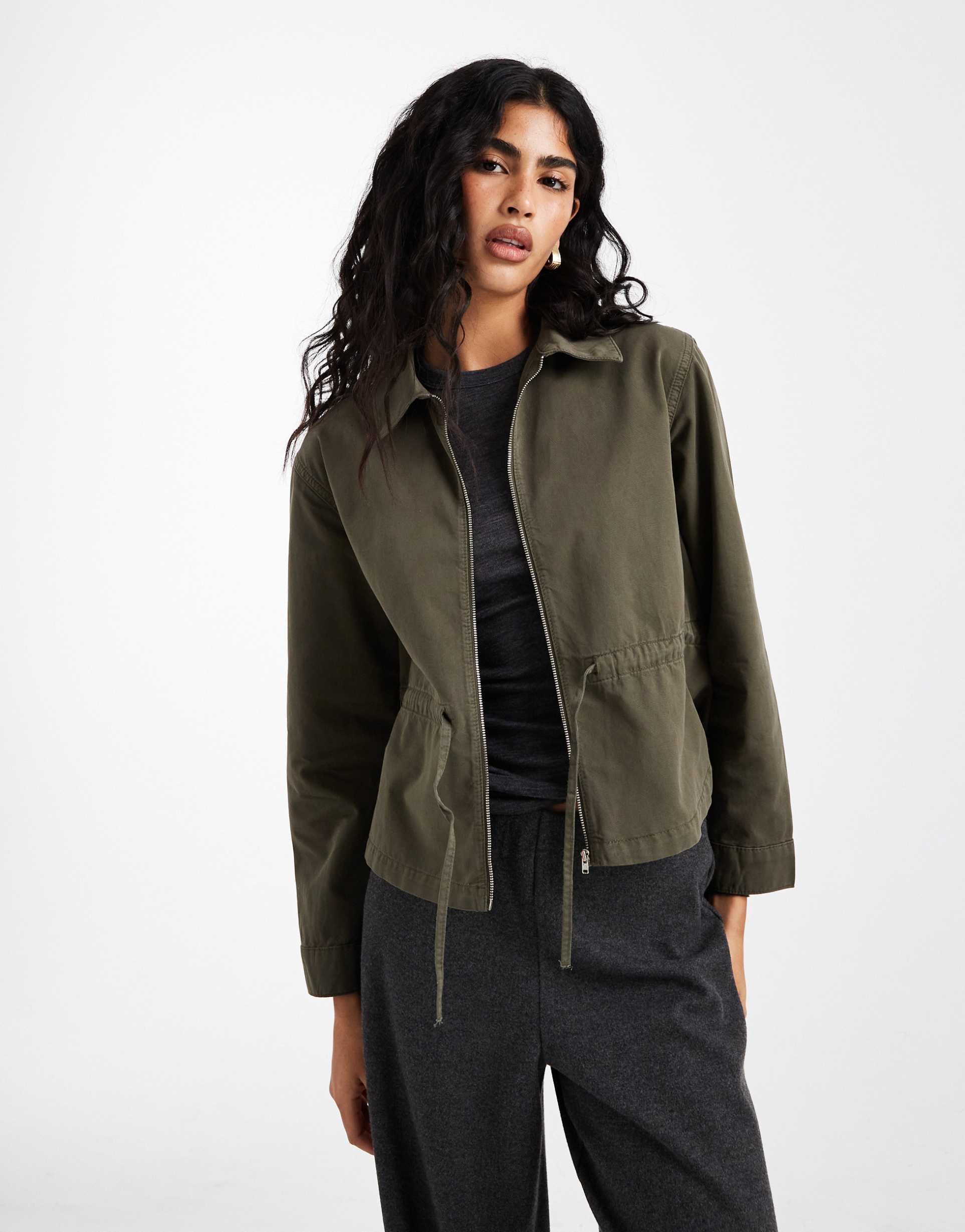 asos design paper touch collared jacket with waisted bubble hem in khaki