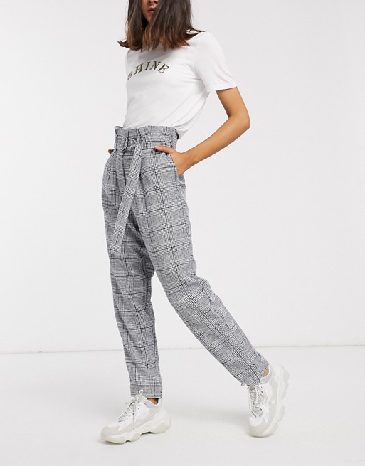 ASOS DESIGN paperbag check trousers with d ring