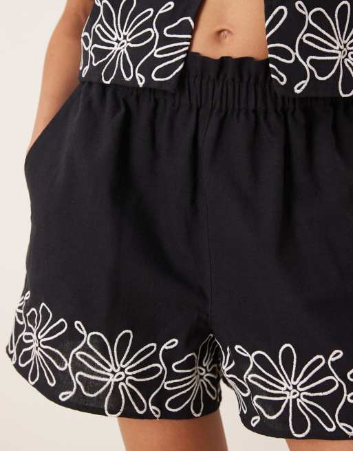 ASOS DESIGN paperbag embroidered hem shorts in black - part of a set, 4 of 4