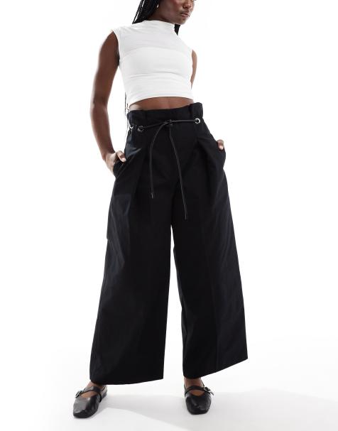 ASOS DESIGN paperbag waist belted trouser in black