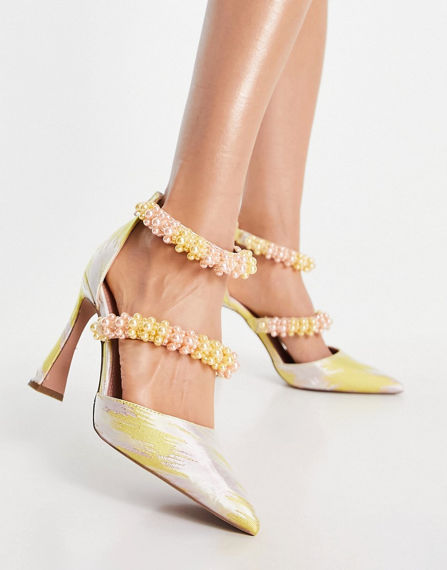 ASOS DESIGN Paphos pearl detail high heeled shoes in jacquard-Multi