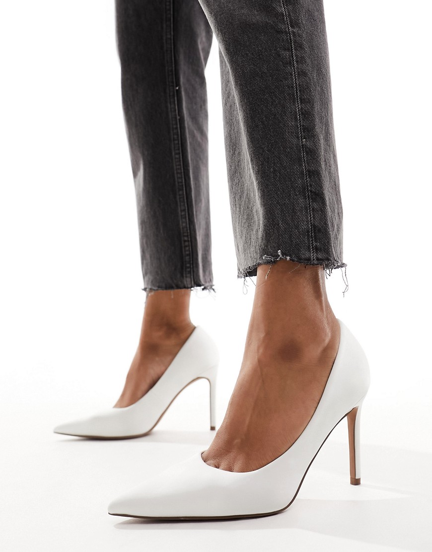 ASOS DESIGN Paphos pointed high heeled court shoes in ivory satin-White