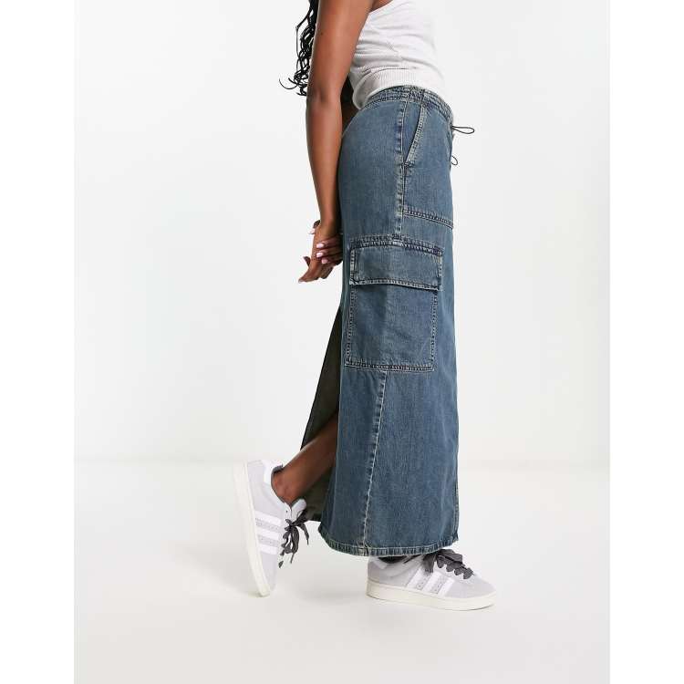 ASOS DESIGN parachute cargo midi skirt in mid wash blue