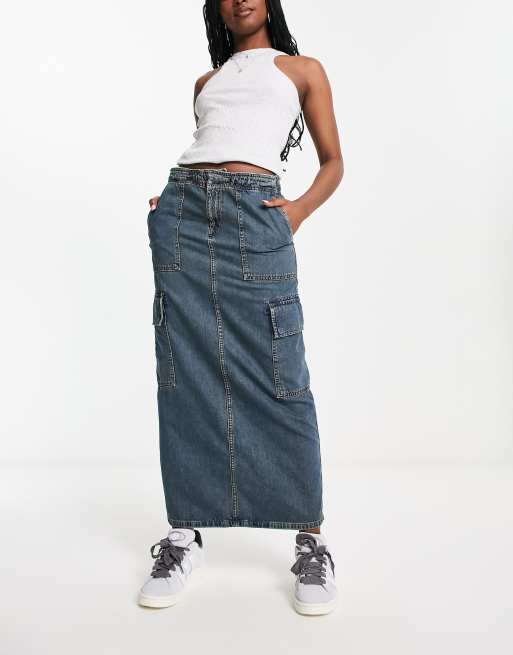 ASOS DESIGN parachute cargo midi skirt in mid wash blue