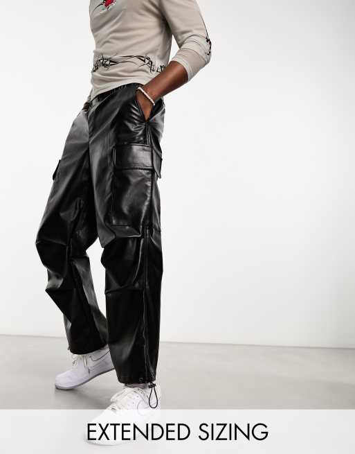 ASOS DESIGN parachute cargo pants in black leather look