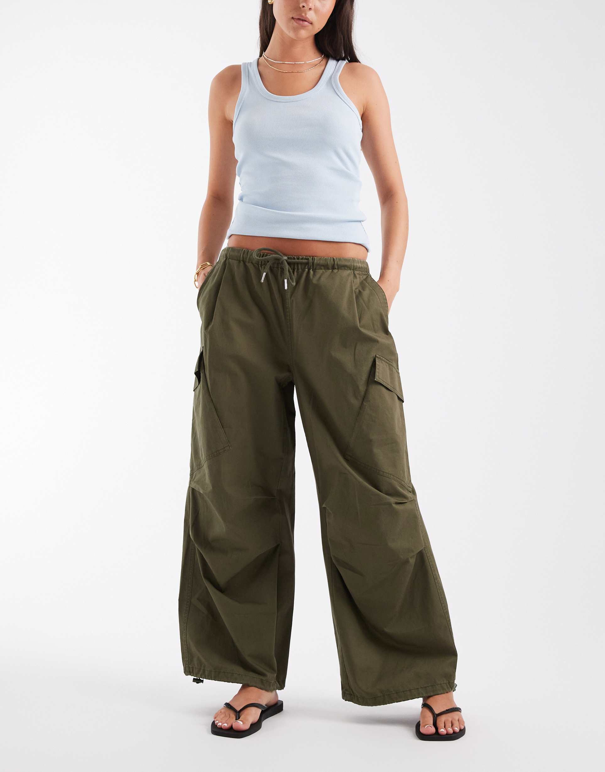 asos design parachute cargo pants in khaki