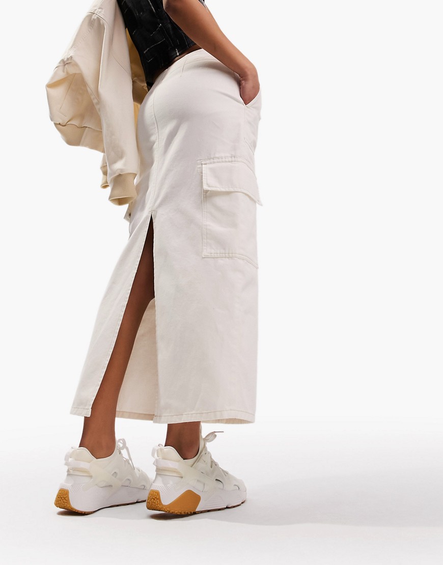 Asos Design Parachute Denim Midi Skirt With Cargo Pockets In White