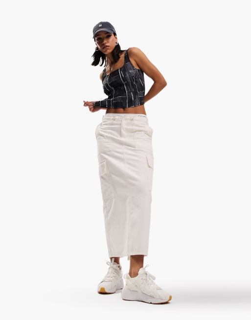 ASOS DESIGN parachute denim midi skirt with cargo pockets in white