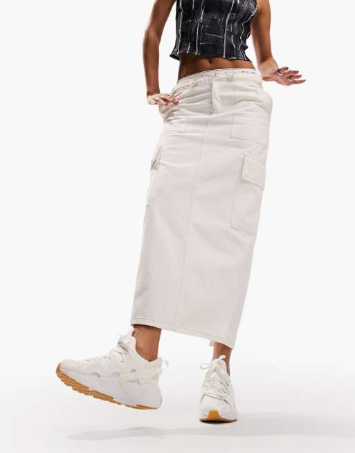 ASOS DESIGN parachute denim midi skirt with cargo pockets in white