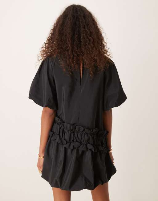 ASOS DESIGN parachute mini smock dress with puffed sleeve & ruffle detail  in black | ASOS