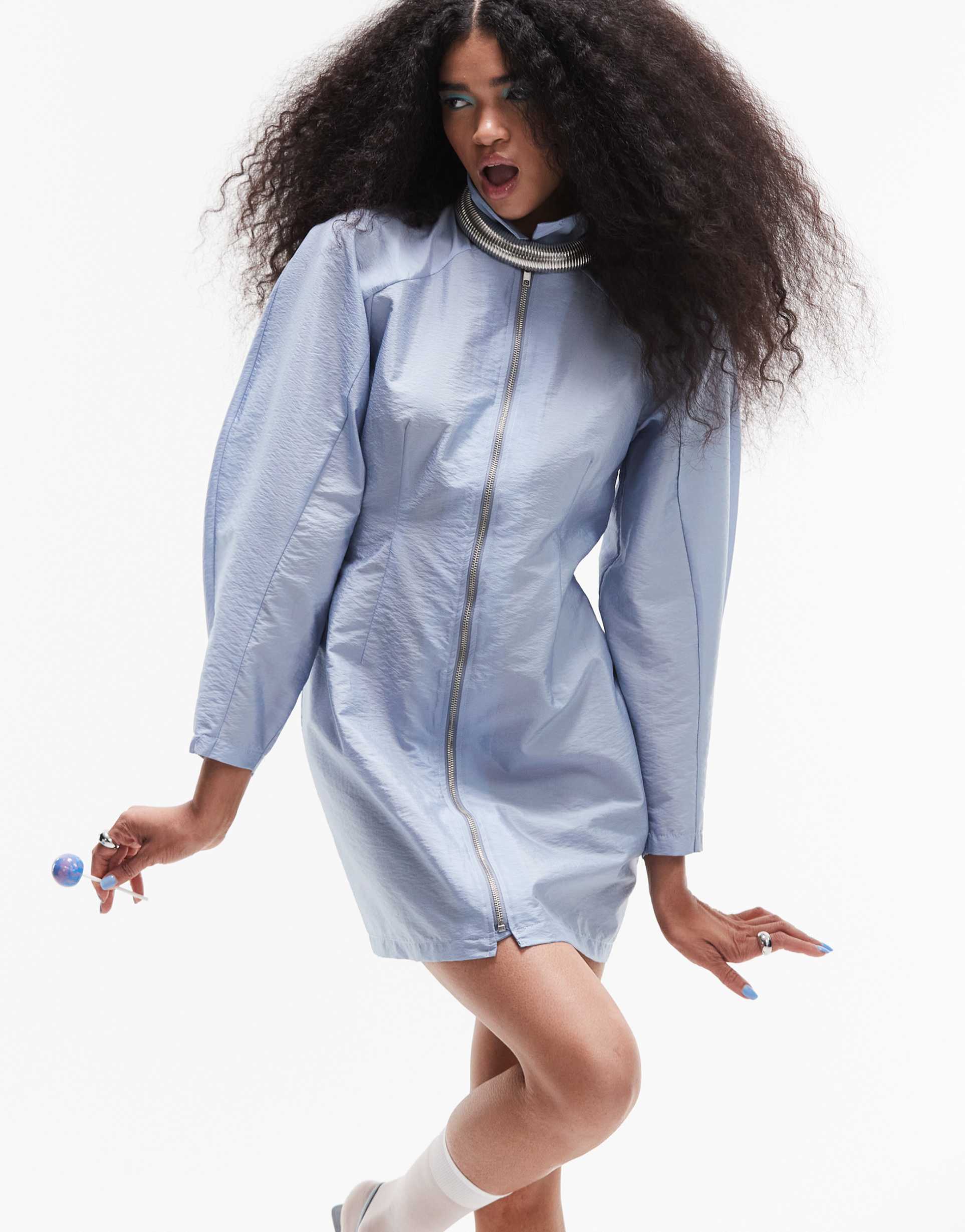 asos design parachute mini zip through shirt dress in air force blue