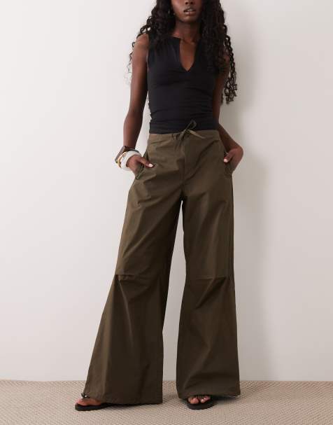 ASOS DESIGN parachute pants with toggle hem detail in khaki - view 1