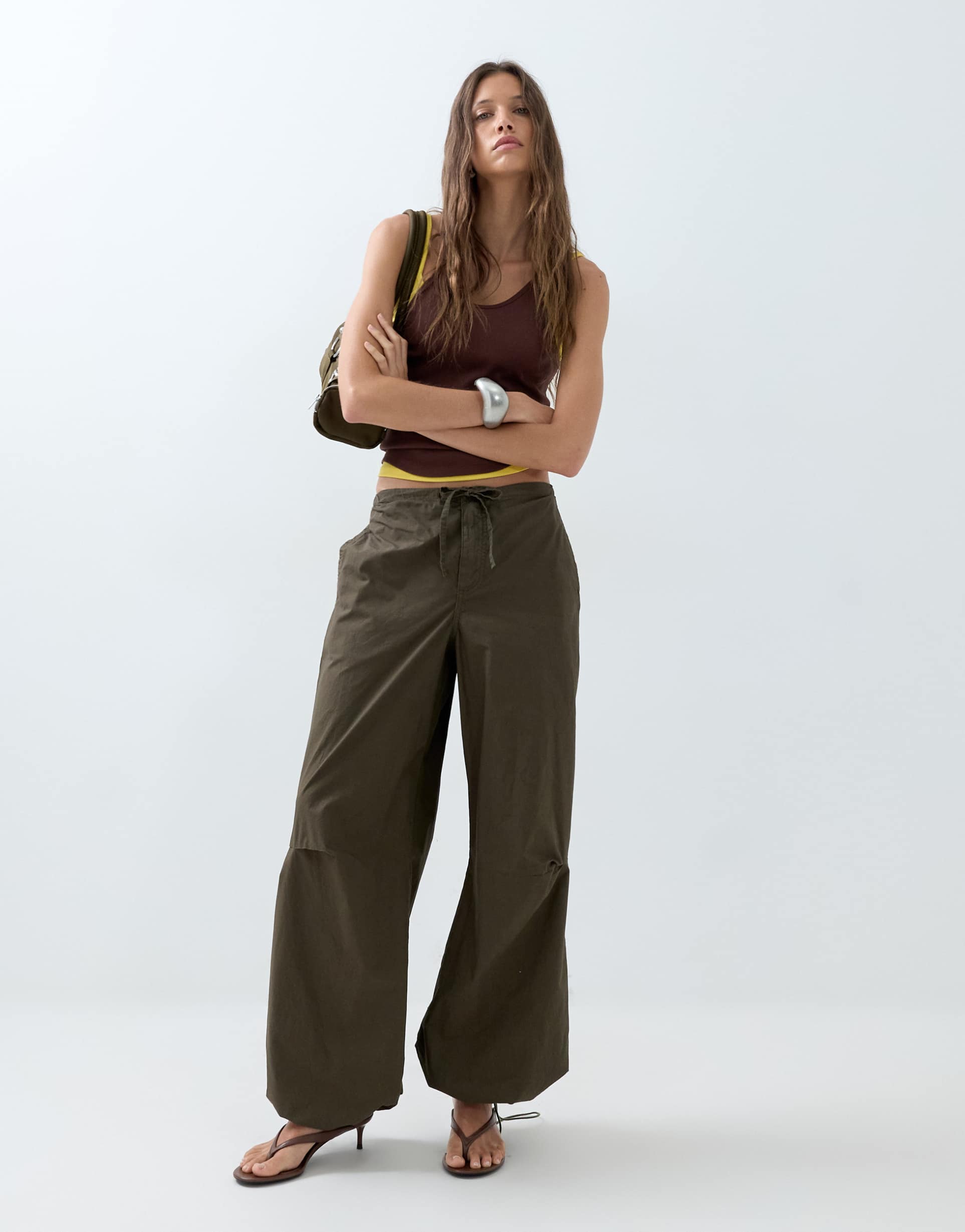 asos design parachute pants with toggle hem detail in khaki