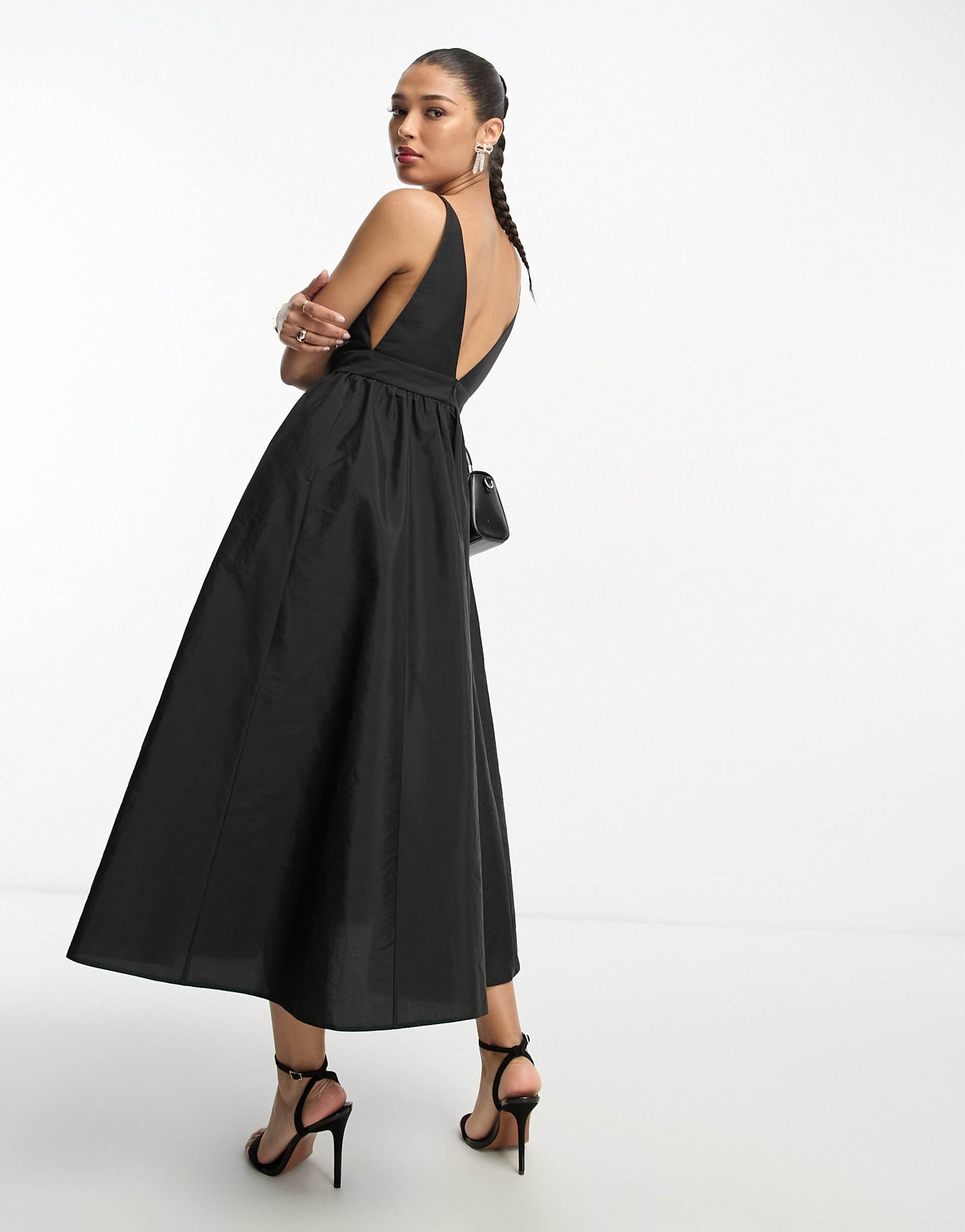 asos design parachute plunge midi dress in black