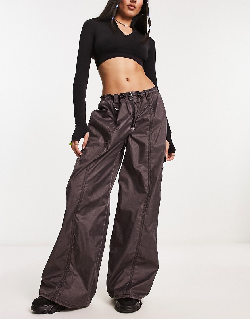 ASOS DESIGN parachute trouser in ripstop with zips in washed black