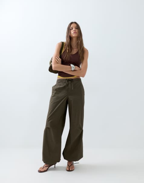 ASOS DESIGN parachute trouser with toggle hem detail in khaki - view 1