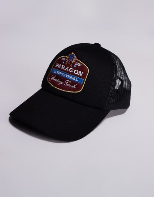 ASOS DESIGN paragon badged trucker cap in black, 2 of 3