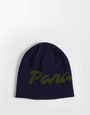 Asos Design Paraiso Graphic Reversible Skull Beanie In Navy