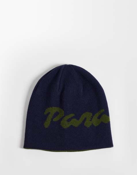 ASOS DESIGN paraiso graphic reversible skull beanie in navy - view 1