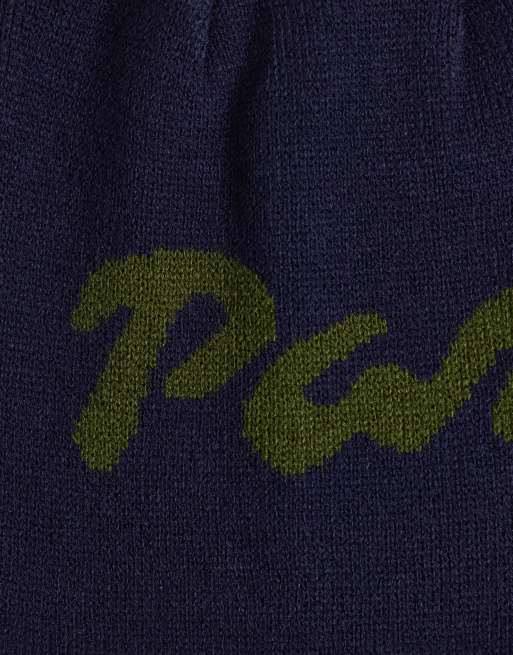 ASOS DESIGN paraiso graphic reversible skull beanie in navy, 2 of 3