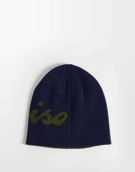 ASOS DESIGN paraiso graphic reversible skull beanie in navy, 3 of 3
