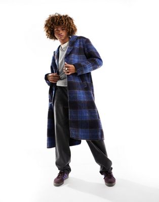 ASOS DESIGN oversized wool look overcoat in blue check - ASOS Price Checker