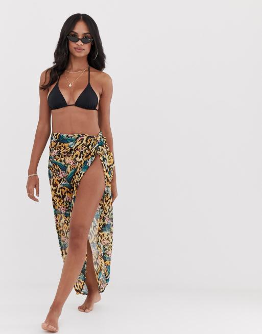 ASOS DESIGN - Paréo de plage glamour noué sur le devant à imprimé animal et tropical