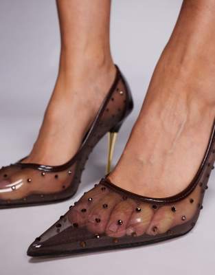 Asos Design Paris Mesh High Heel Pumps In Brown