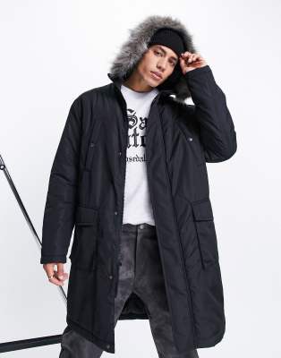 ASOS DESIGN parka coat in black with faux fur trim hood - ASOS Price Checker