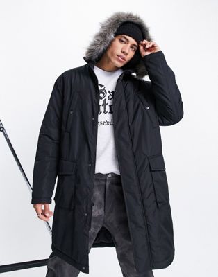 ASOS DESIGN parka coat in black with faux fur trim hood