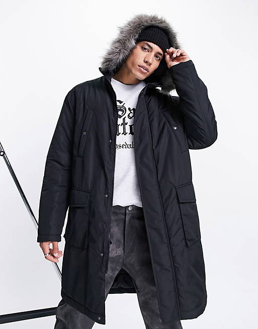 Asos Design Parka Coat In Black With, Mens Parka Coats With Fur Hood Asos
