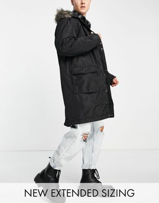 ASOS DESIGN parka coat in black with fur trim hood