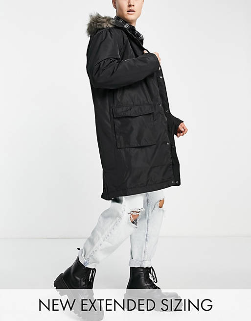 Asos Design Parka Coat In Black With, Mens Parka Coats With Fur Hood Asos