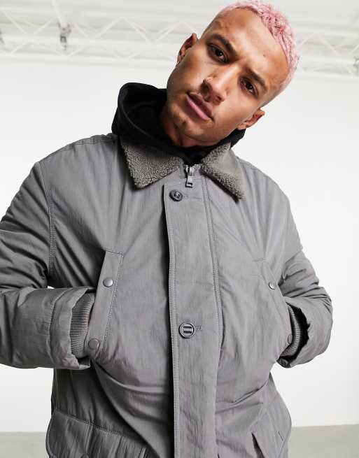 ASOS DESIGN parka coat with tonal borg collar in light gray