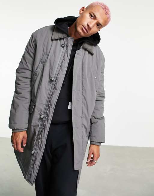 ASOS DESIGN - Parka con colletto in pile borg tono su tono grigio chiaro