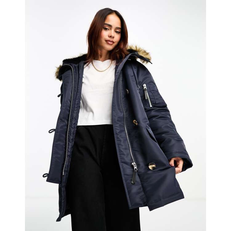 ASOS DESIGN Parka en nylon avec capuche fausse fourrure Bleu marine