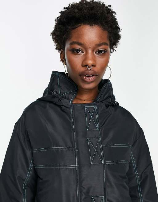 ASOS DESIGN - Parka in nylon con cuciture a contrasto color antracite 