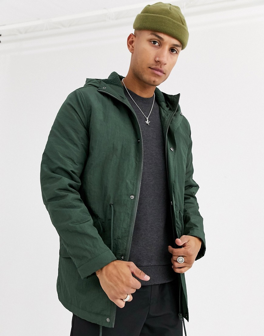 ASOS DESIGN parka jacket in bottle green with fleece lining