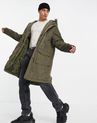 ASOS DESIGN parka jacket in green with faux fur trim hood - ASOS Price Checker