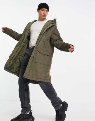 ASOS DESIGN parka jacket in green with faux fur trim hood - ASOS Price Checker